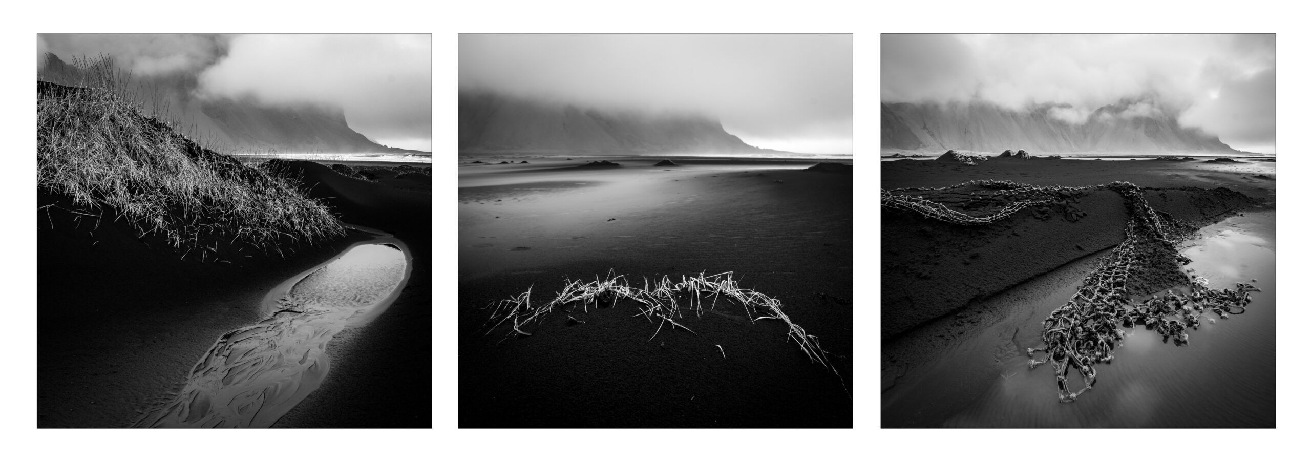 Triptiek met grafische vormen, lijnen en texturen in het zwarte zand van Stokksnes, IJsland.